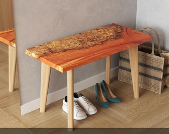 Modern Epoxy Resin & Wood Hallway Bench. Stylish Solid Wood Bench Seat. Apartment decor for living room, bedroom, bathroom, entryway