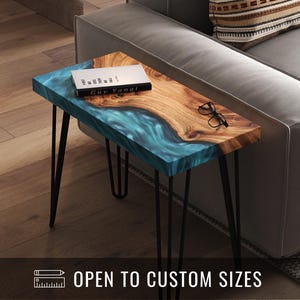 Unique Side Table for the Living Room, Entryway in Blue Epoxy & Wood Side | Authentic Sofa End Table | Wooden Coffee Table | Farmhouse Decor