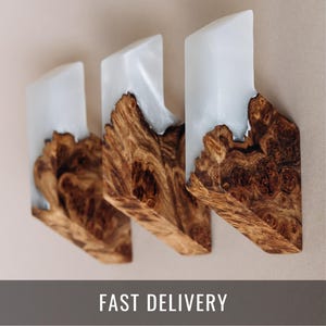 May include: Three wall hooks featuring a combination of natural brown burl wood and opaque white resin. Each hook has a jagged, organic wood base topped with a smooth, rectangular white resin section. The text FAST DELIVERY is visible.