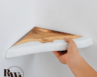 Live Edge Wood Floating Corner Shelf with Epoxy as modern wall decor. Custom corner wall shelves for bathroom, kitchen, living room