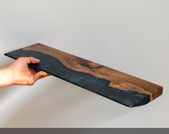 Minimalist Black Floating Shelf – epoxy live edge shelves with hidden brackets. Display wood shelf for books, plants, speakers, projector