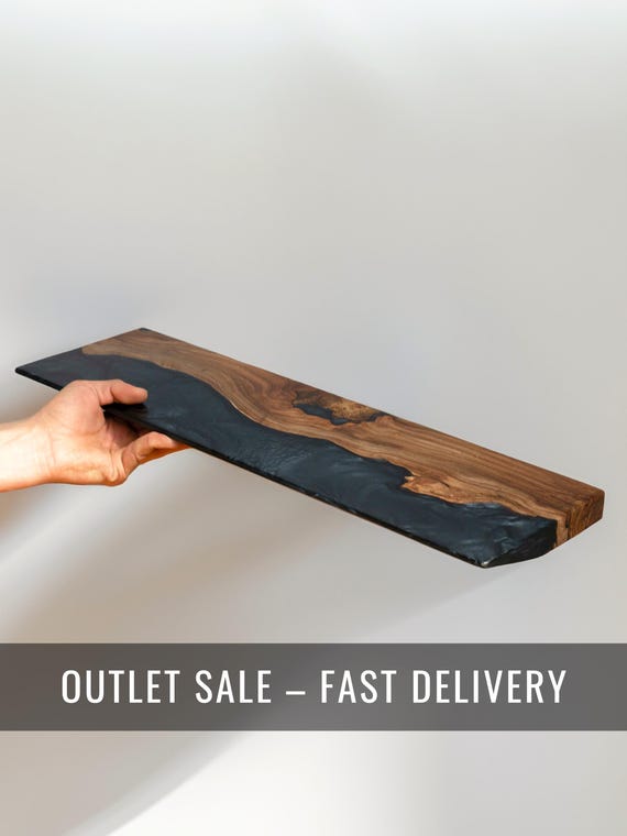 Minimalist Black Floating Shelf – epoxy live edge shelves with hidden brackets. Display wood shelf for books, plants, speakers, projector