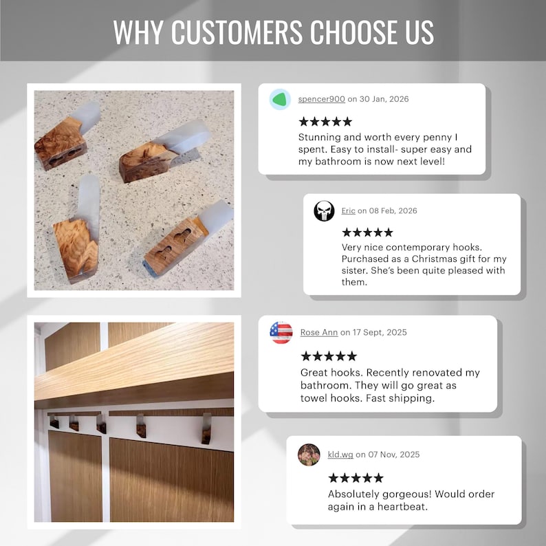 Op de afbeelding: De afbeelding toont houten haken met een helder harsdetail, gepresenteerd in een badkamer. De tekst "WHY CUSTOMERS CHOOSE US" staat bovenaan, met daaronder klantbeoordelingen. De haken worden close-up getoond en op een houten paneel ge&iuml;nstalleerd.