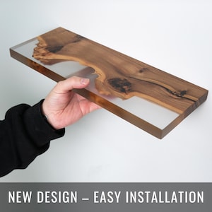 Minimalist Solid Wood & Transparent Epoxy Floating Shelf - modern wooden shelves for wall decor. Wall shelf, bookshelf decor
