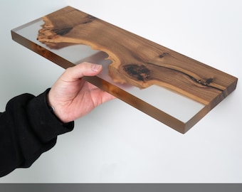 Minimalist Solid Wood & Transparent Epoxy Floating Shelf - modern wooden shelves for wall decor. Wall shelf, bookshelf decor