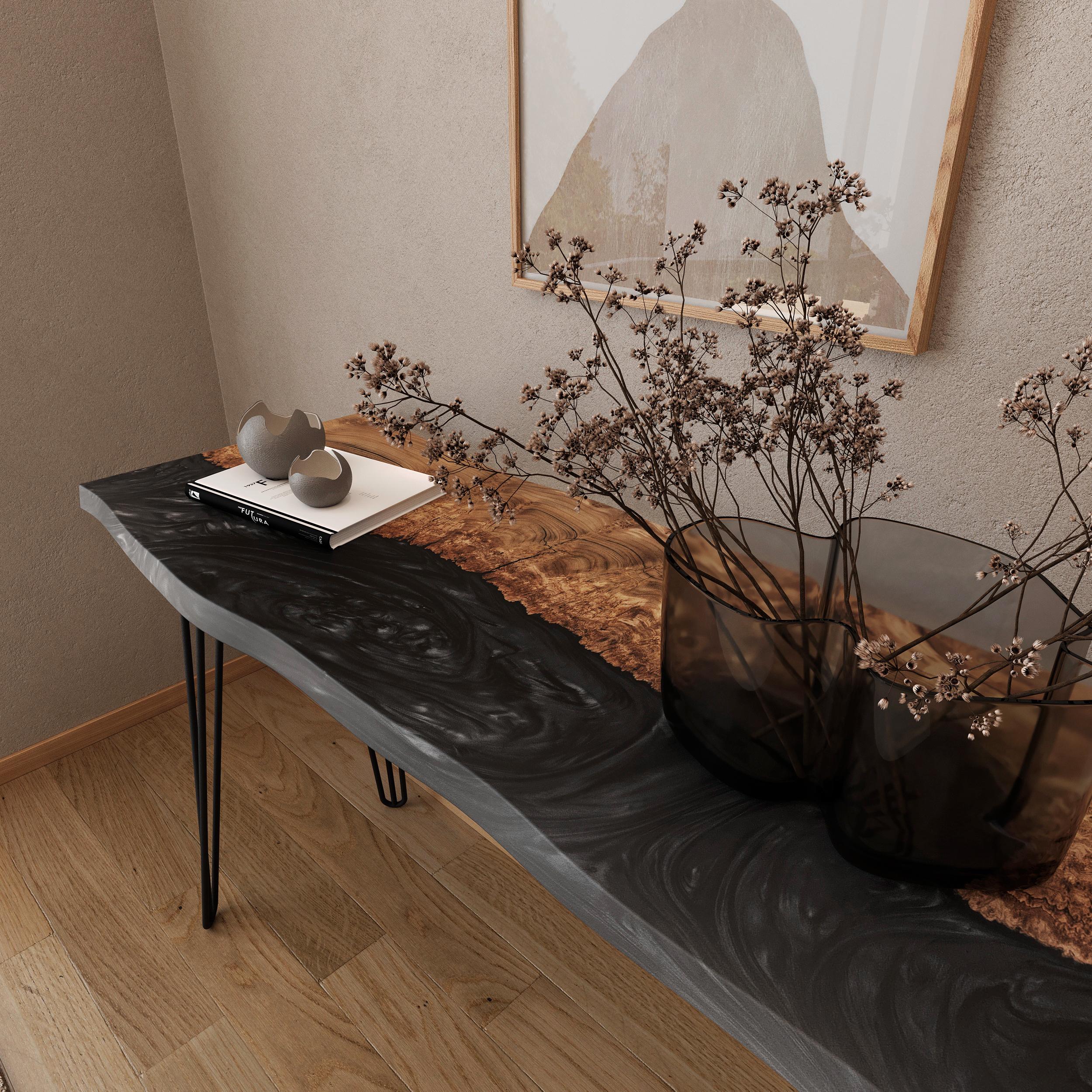 Decorative Edging Table Artistic Live Edge Table | Wooden Narrow Console Table With Blue Epoxy ...