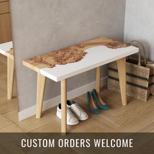 White Epoxy Resin & Wood Hallway Bench. Modern Entryway Bench Handmade. Accent furniture for hallway, living room, bedroom