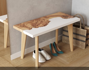 White Epoxy Resin & Wood Hallway Bench. Modern Entryway Bench Handmade. Accent furniture for hallway, living room, bedroom