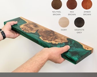 Green Epoxy & Wood Floating Shelves - Perfect Living Room Wall Decor for bedroom, bathroom, bar or kitchen handcrafted. Book lover gift
