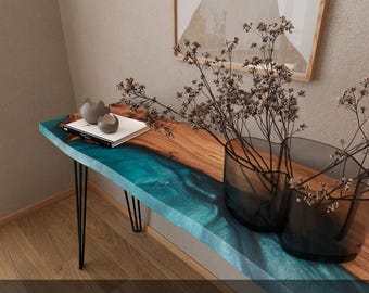 Modern Epoxy Hallway Table | Live Edge Console Table | Wooden Narrow Console Table Handmade | Entryway & mudroom furniture