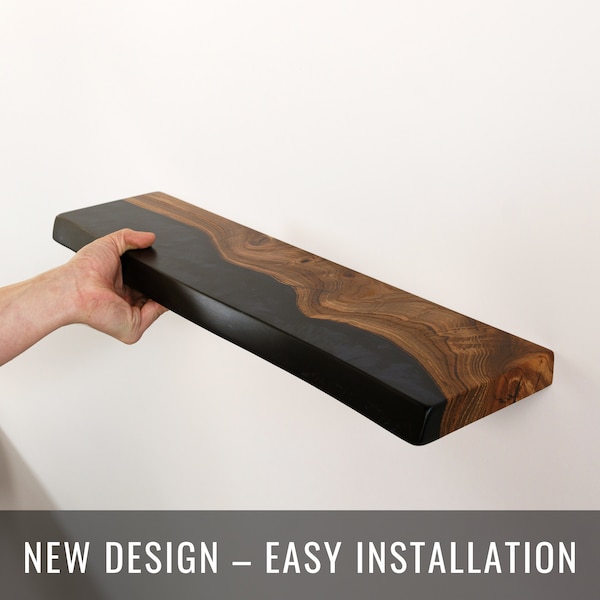 Live Edge Schwarze schwebende Regale - Moderne Holz & Epoxid Regal für Badezimmer