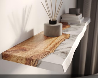 Burl Wood Shelf with Arcanid Stone - live edge floating shelf for minimalist apartment decor