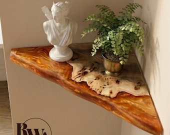 Exclusive Live Edge Corner Shelf In Amber Epoxy & Solid Wood. Floating shelves for modern apartment decor