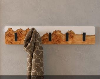 Unique White Wall Mounted Coat Rack for entryway, hallway, office decor. Wooden coat hanger with white epoxy resin, towel rack