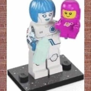 May include: A white Lego minifigure with blue hair and a medical symbol on its chest holds a pink Lego minifigure with a yellow face. The minifigures are standing on a black and white Lego baseplate.