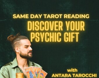 May include: A man with a beard and a bun in his hair holds tarot cards in front of a green background. The text "SAME DAY TAROT READING DISCOVER YOUR PSYCHIC GIFT with ANTARA TAROCCHI" is displayed in yellow.
