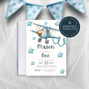 Aeroplane 1st Birthday Invitation, Aeroplane Birthday Invite, Plane Party Invitation, Boys First Birthday, Plane, Canva, INSTANT DOWNLOAD