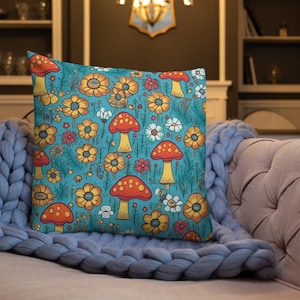 Embroidered Mushroom Throw Pillow, Fungi Cushion, Forest Inspired Decorative Support, Toadstool Living Room, Decorative  Nature lover Gift