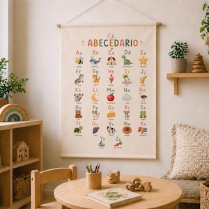 Montessori Spaans alfabet canvas banner, Abecedario Español para Niños neutraal kinderdagverblijf muur decor, educatief peuter leren