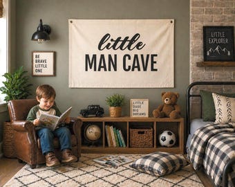 Little Man Cave Flag Canvas Flag Banner Baby Boy Room Wall Decor Kids Room Wall Art Decor Boys Bedroom Decor Brothers Nursery Decor