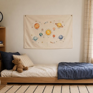 Wandbehang „Sonnensystem“, Planeten-Leinwandbanner, Pädagogische Weltraum-Wandkunst, Montessori-Kinderzimmerdekoration, Wandteppich „Weltraum“ fürs Kinderzimmer