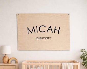 Personalisierte Baby Name Banner, benutzerdefinierte Leinwand Namen Flagge, Minimale Kinderzimmer Wanddekoration, Jungen Zimmer Dekor, Baby Namen Zeichen
