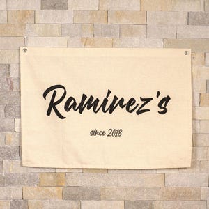 Custom Family Name Sign Bridal Shower Gift Last Name Sign Canvas Flag Housewarming Gift Family Established Sign Farmhouse Decor Wall Art