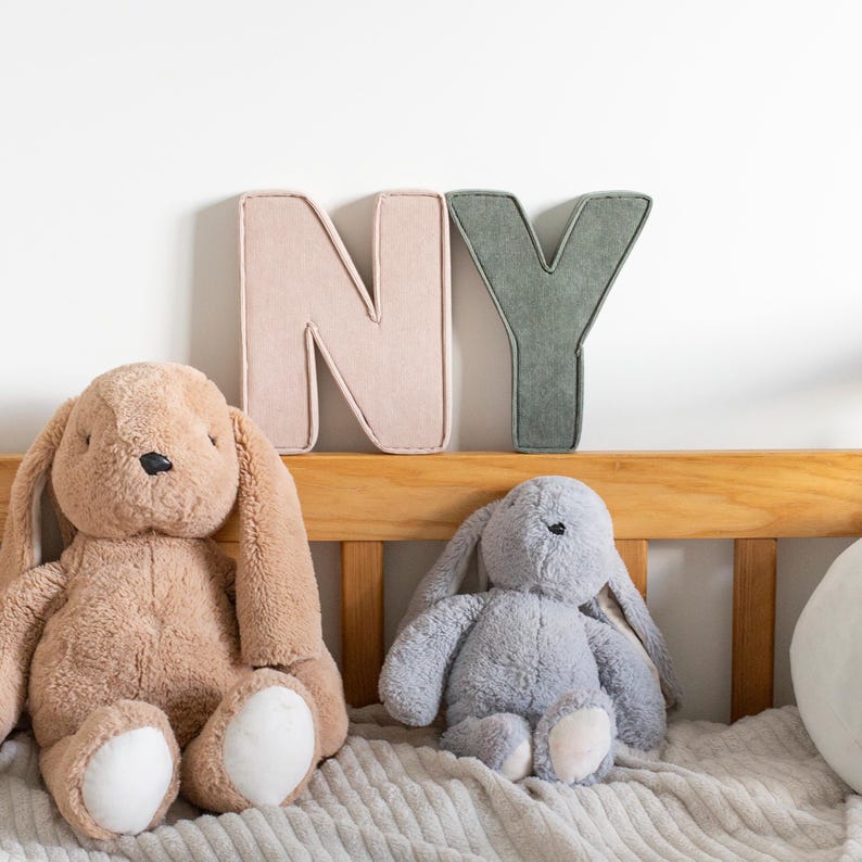 May include: A nursery scene featuring two plush bunny rabbits and the letters "NY" in pink and green. The bunnies are in shades of brown and gray, with long ears and soft textures. The letters are made of a soft, textured material.