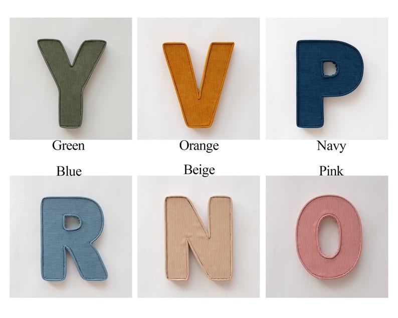 May include: A collection of fabric letters in various colors: green, orange, navy, blue, beige, and pink. Each letter is displayed against a white background, with the color name below each letter.