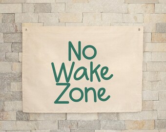 Personalisierte No Wake Zone Zeichen Leinwand Flagge Banner, Schild über dem Bett für Haus am See, See Wandkunst, Strand Wandkunst, Surf Tapisserie Flagge