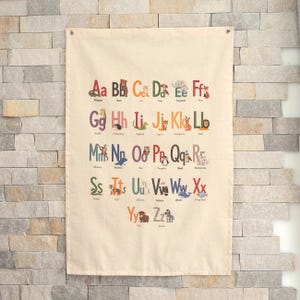 May include: A rectangular off-white fabric wall hanging featuring a colourful alphabet chart. Each letter from A to Z is printed in a bold, multi-coloured font, accompanied by a small, detailed illustration of an animal corresponding to that letter.