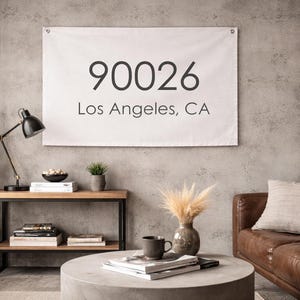 Modern City Zip Code Wall Banner, Los Angeles CA Decor, Minimalist Urban Wall Art, Custom Location Canvas Sign, Apartment Decor Gift