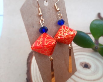 origami earrings geometric form red and golden chiyogami paper original anniversary gift