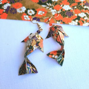 Origami koi carp earrings, fish earrings with gold and orange Japanese chiyogami paper, original anniversary paper gift