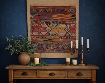 Fragmento de tapete Kilim da Anatólia antiga, tapeçaria geométrica de lã (38x38)