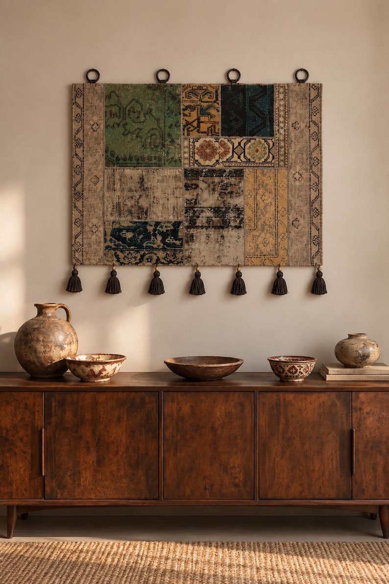 Peut inclure: Une tenture murale rectangulaire compos&eacute;e d'un patchwork de panneaux en tissu aux tons vert, bleu et beige avec des motifs complexes. Le textile est suspendu par quatre anneaux en m&eacute;tal sombre et orn&eacute; de sept pompons marron fonc&eacute;.