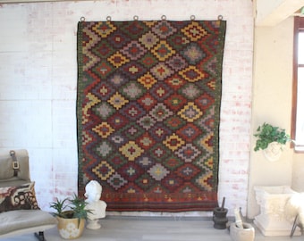Handwoven Wool Kilim Tapestry: Bohemian Geometric Wall Hanging (68x90 inches)