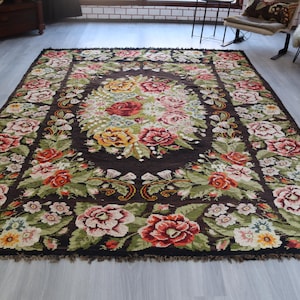 Vintage Floral Rug, Karabagh Kilim Rug , Rose Design Medallion Rug / N-2047 / 7&#39;9&#39;&#39;x10&#39;5&#39;&#39;