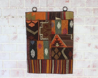 Patchwork Wall Hanging, Bohemian Wool Tapestry (20x28 inches)