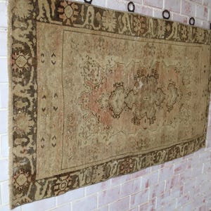 Vintage Oushak Wall Rug, Golden Beige Rug Tapestry , Bohemian Wall Hanging / WH-1287 image 6