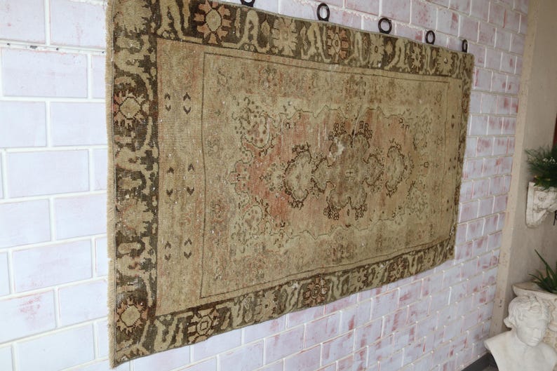 Vintage Oushak Wall Rug, Golden Beige Rug Tapestry , Bohemian Wall Hanging / WH-1287 image 6