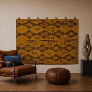 4'4''x6'  Vintage  Kilim Tapestry, Bohemian Yellow  Wall Hanging , Embroidered  Wall Rug / WH-1614