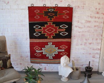 Handgewebter ethnischer Wandbehang im Azteken-Stil Vintage / WH-1025 / 37X50