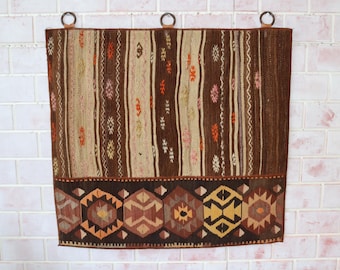 Brauner Wollteppich, Wandteppich im Azteken-Stil, Boho Wandbehang / WH-1008 / 31X33 inches