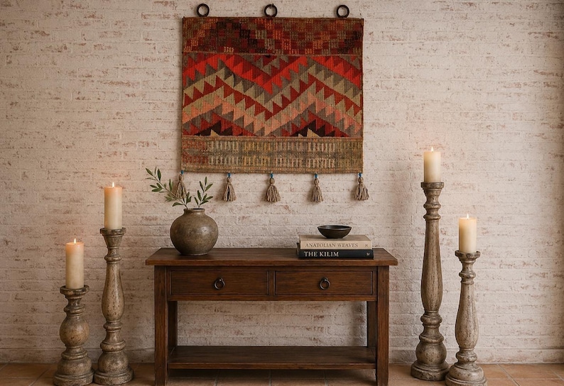 Lapptäckegobeläng, lapptäckesmatta, etnisk väggbonad, handvävd väggkonst / WH-1470 / 26x29 tum bild 1