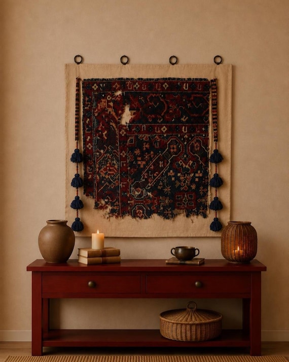 Antique Tapestry, Shirvan Rug Tapestry, Antique Rug Fragment , Bohemian Wall Hanging / WH-431 / 39X46 inches