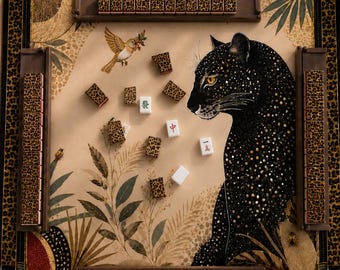 American Mahjong Mat, Black Leopard Art Deco Mahjong Table Mat, Gold Tropical Chinoiserie Game Mat, Luxury Mahjong Gift for Women