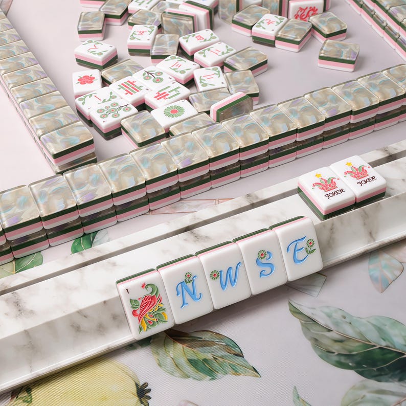 Pearl White American Mahjong Set, Opal Shell Acrylic Tiles, Pink Green Layered 160 Tile Game, Gift for Mahjong Players and Collectors +Rack(set of 4)