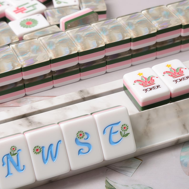 Pearl White American Mahjong Set, Opal Shell Acrylic Tiles, Pink Green Layered 160 Tile Game, Gift for Mahjong Players and Collectors image 7
