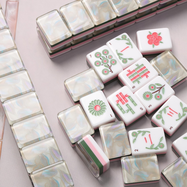 Pearl White American Mahjong Set, Opal Shell Acrylic Tiles, Pink Green Layered 160 Tile Game, Gift for Mahjong Players and Collectors +Floral Mat